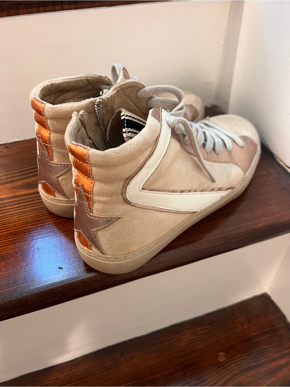 ShuShop Beige and White Rooney High-Top Sneakers with Metallic Orange Accents